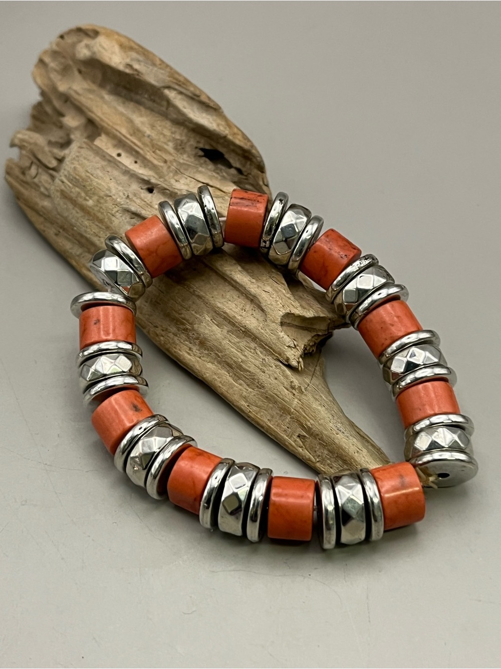 Chunky Orange Coral & Silver Tone Stretch Bracelet Boho Faceted Bead Stacking